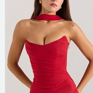 HALLIE Holly Red Strapless Corset Top With Detachable Neck Scarf
